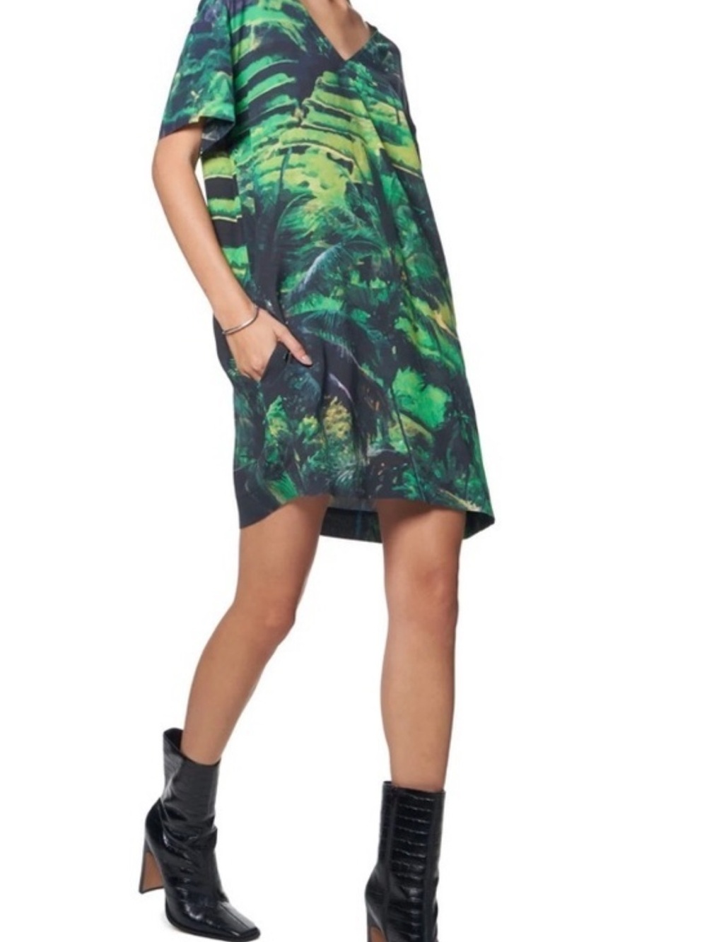 The KIT Dress Kyle Green Lush Terrace Palm Trees w/ Pockets Mini Womens Size L